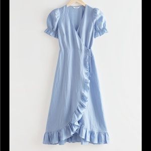 Light Blue Wrap Midi Dress with Ruffle Trim